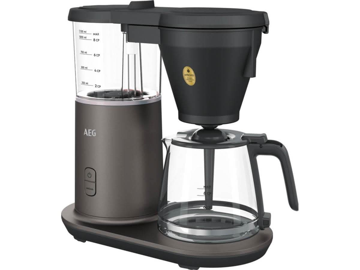 AEG coffee machine 1600W with black and silver design and glass carafe from CLICKK Home Store