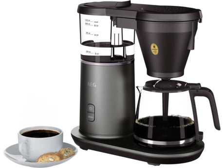 AEG coffee machine 1600W black drip coffee maker with glass carafe and cup of coffee