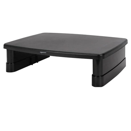 Black adjustable monitor desk stand with sturdy rectangular platform for ergonomic workspace setup