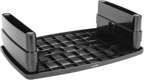 Black adjustable monitor desk stand with a grid design base for ergonomic screen placement