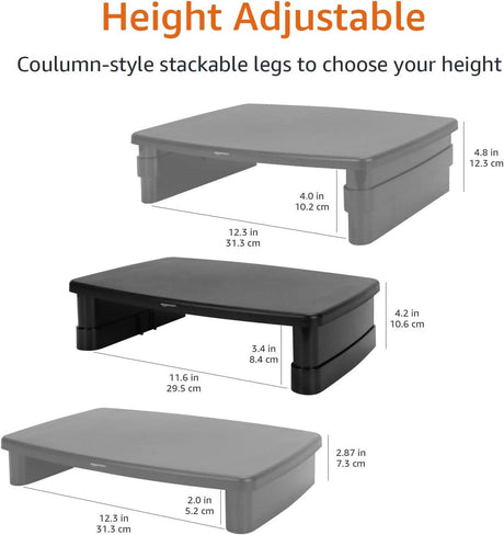 Adjustable monitor desk stand with column-style stackable legs for customizable height in black and gray