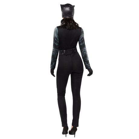 Back view of woman wearing black sleek Catwoman costume for women with gloves and cat ear hood