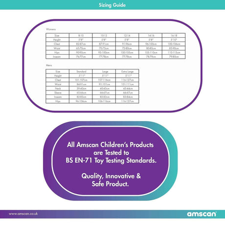 Sizing guide chart for Catwoman costume for women with measurements for chest waist and hips