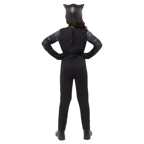 Back view of child wearing black child catwoman costume with cat ear hood and gloves