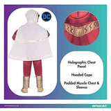 Child superhero costume with white hooded cape padded muscle chest and sleeves in red and gold