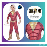 Child superhero costume Shazam outfit with muscle chest design and white hooded cape by Fancy Dress