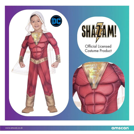 Child superhero costume Shazam outfit with muscle chest design and white hooded cape by Fancy Dress