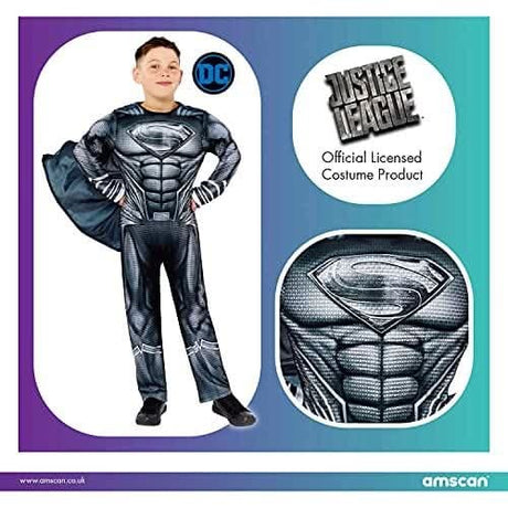 Child Superman costume in black with muscle detail and cape from Fancy Dress official licensed Justice League product