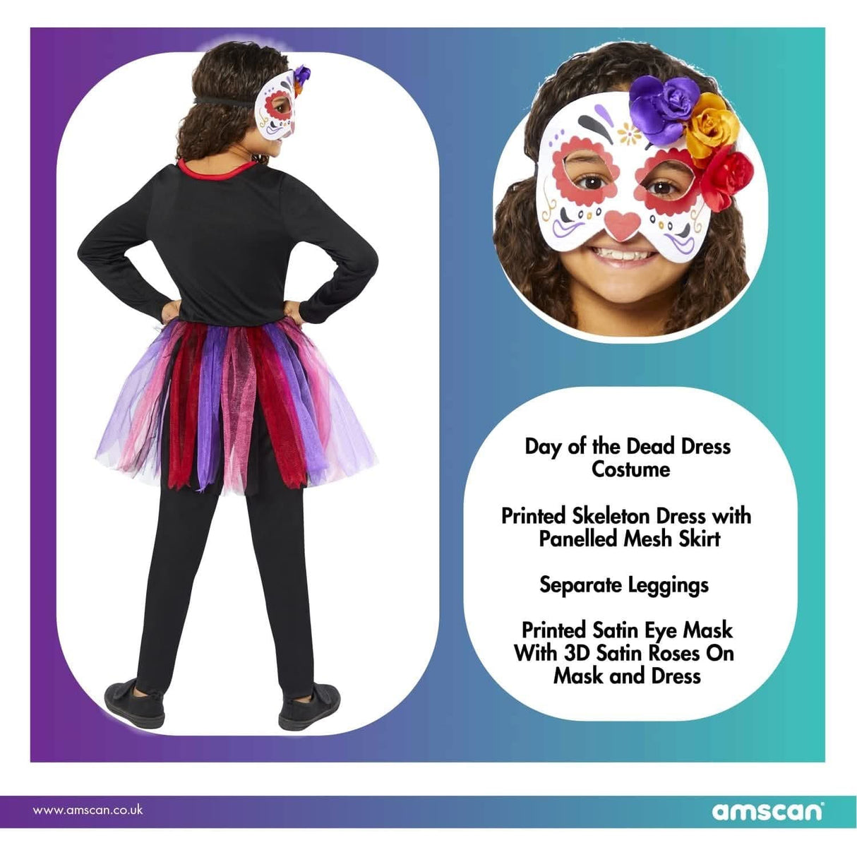 Girls Day of the Dead costume with printed skeleton dress, panelled mesh skirt, leggings, and satin eye mask with 3D roses