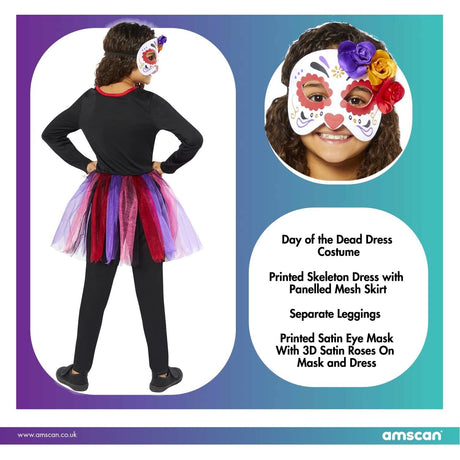 Girls Day of the Dead costume with printed skeleton dress, panelled mesh skirt, leggings, and satin eye mask with 3D roses