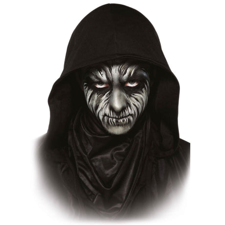 Scary face with detailed Halloween face paint black design and black hood costume for spooky events