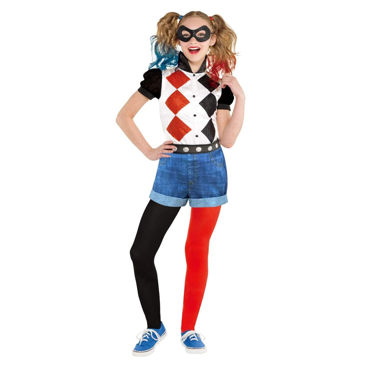 Girl wearing Harley Quinn costume for kids with diamond pattern top, half red half black leggings, and blue shorts