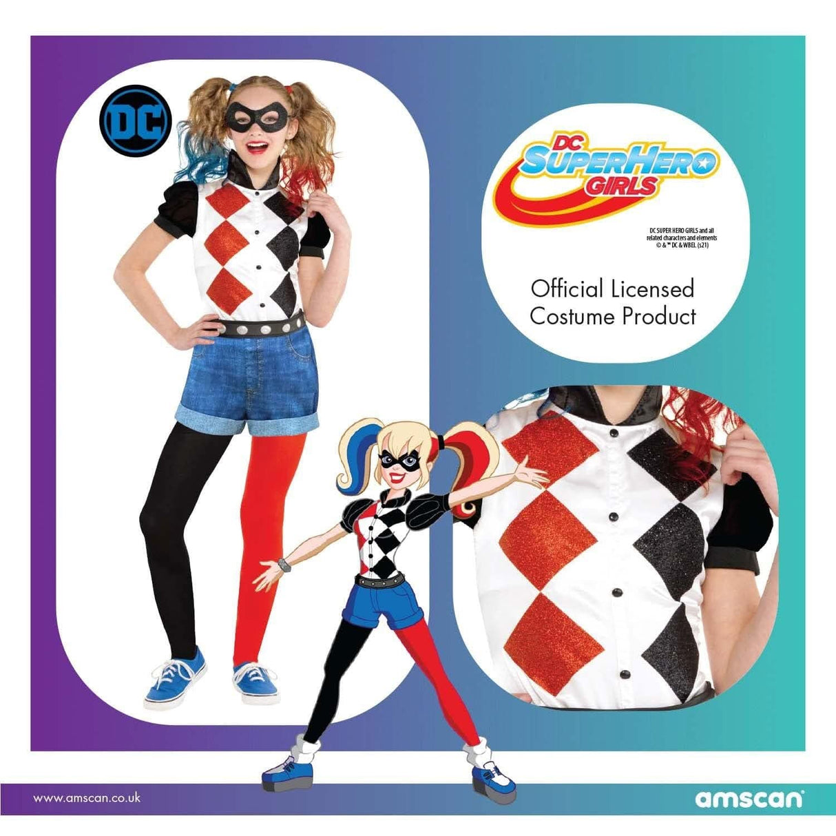 Kids Fancy Dress Harley Quinn costume for kids with black and red leggings and diamond print top