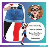 Harley Quinn costume for kids featuring glittered satin top, character eye mask, denim effect shorts, and red and black leggings