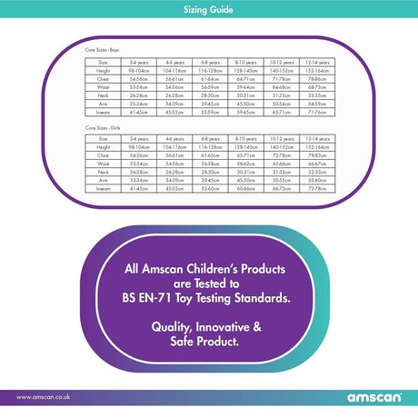 Sizing guide for kids costumes by Kids Fancy Dress with measurements for boys and girls