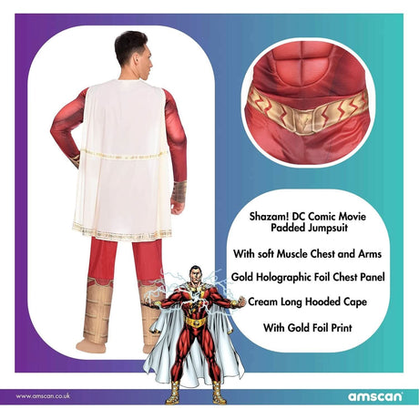Men's Shazam costume XL padded jumpsuit with muscle chest, cream hooded cape, and gold foil details