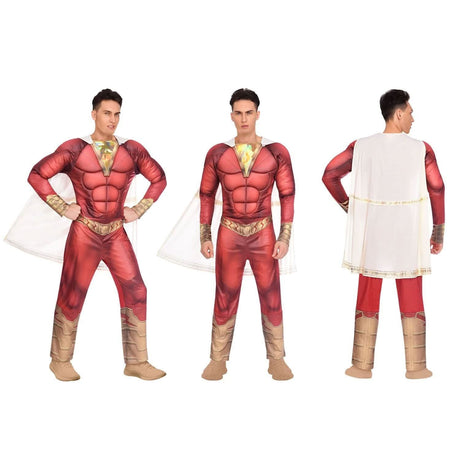 Men's Shazam costume XL by Mens Fancy Dress featuring red muscle suit with white cape and gold detailing