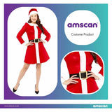 Woman wearing red and white Mrs Claus dress costume with black belt and Santa hat