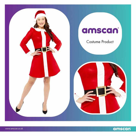 Woman wearing red and white Mrs Claus dress costume with black belt and Santa hat