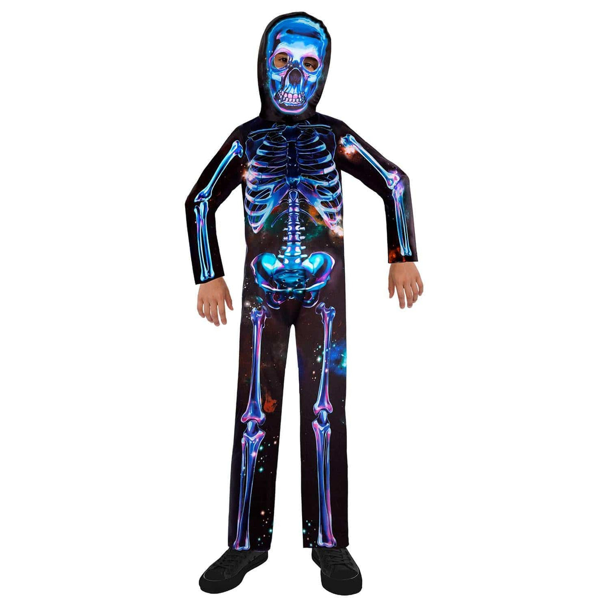 Child wearing neon skeleton costume for kids with glowing blue and purple bones and matching skull mask