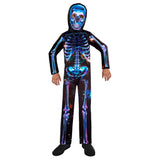 Child wearing neon skeleton costume for kids with glowing blue and purple bones and matching skull mask