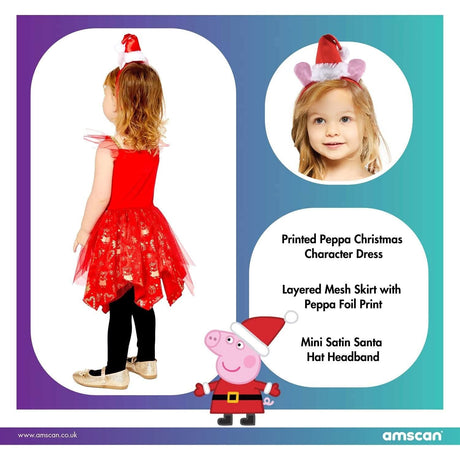 Kids Fancy Dress Peppa Pig Christmas costume with red layered mesh skirt and Santa hat headband