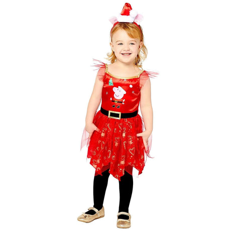 Toddler girl wearing a red Peppa Pig Christmas costume with Santa hat headband and black leggings