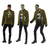 Riddler costume XL green jacket with question mark design worn by model with skull mask and black pants