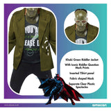 Mens Fancy Dress Riddler costume XL with khaki green jacket, question mark prints, mask, and clear plastic spectacles