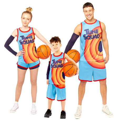 Space Jam basketball costume for kids shown on child with matching adult and teen in blue Tune Squad outfits