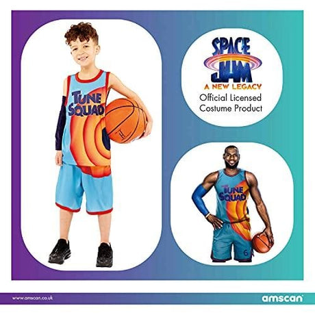 Space Jam basketball costume for kids featuring Tune Squad jersey and shorts with basketball accessory