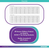 Sizing guide chart for kids showing measurements for height chest waist neck arm and inseam for Space Jam basketball costume for kids