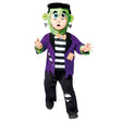 Toddler wearing a toddler Frankenstein costume with green mask, purple jacket, and striped shirt