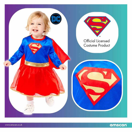 Toddler wearing official licensed toddler supergirl costume with blue top, red skirt, and cape