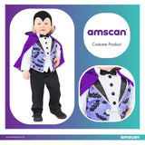Toddler wearing a vampire costume with black pants, purple bat-print vest, black bow tie, and purple cape toddler vampire costume