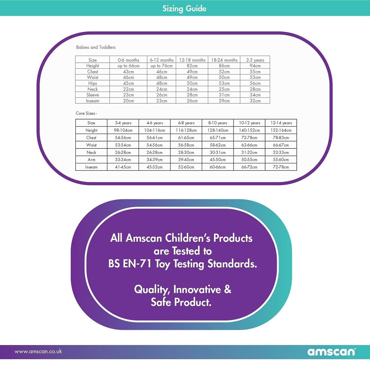 Sizing guide for toddler vampire costume by Fancy Dress showing measurements for babies and toddlers