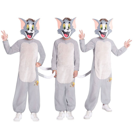 Kids wearing gray Tom and Jerry costume for kids with character mask and tail by Kids Fancy Dress