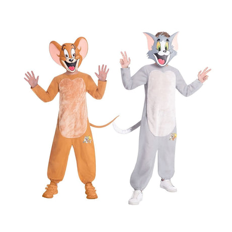 Tom and Jerry costume for kids featuring brown Jerry and gray Tom full-body plush suits with character masks