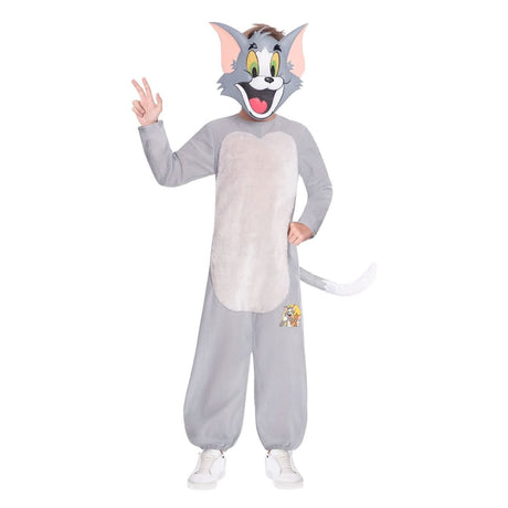 Tom and Jerry costume for kids featuring gray cat suit with face mask and tail by Kids Fancy Dress