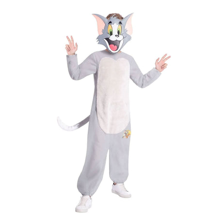 Tom and Jerry costume for kids featuring a full gray jumpsuit with a tail and Tom character mask