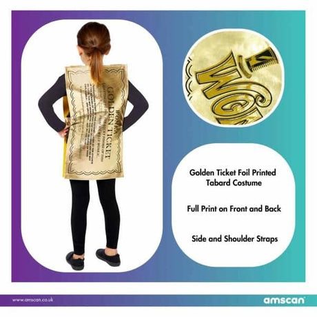Willy Wonka costume for kids featuring golden ticket foil printed tabard with front and back print