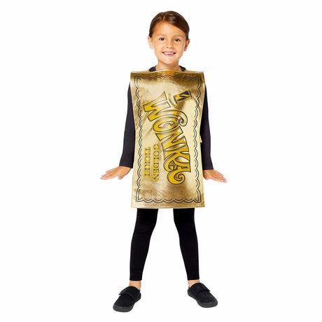 Child wearing a Willy Wonka costume for kids gold ticket outfit with black clothes and shoes