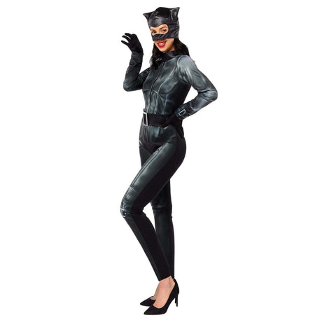 Woman wearing a sleek black women's Catwoman costume with mask, gloves, and high heels