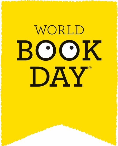 Yellow World Book Day banner with black text promoting reading and literacy events