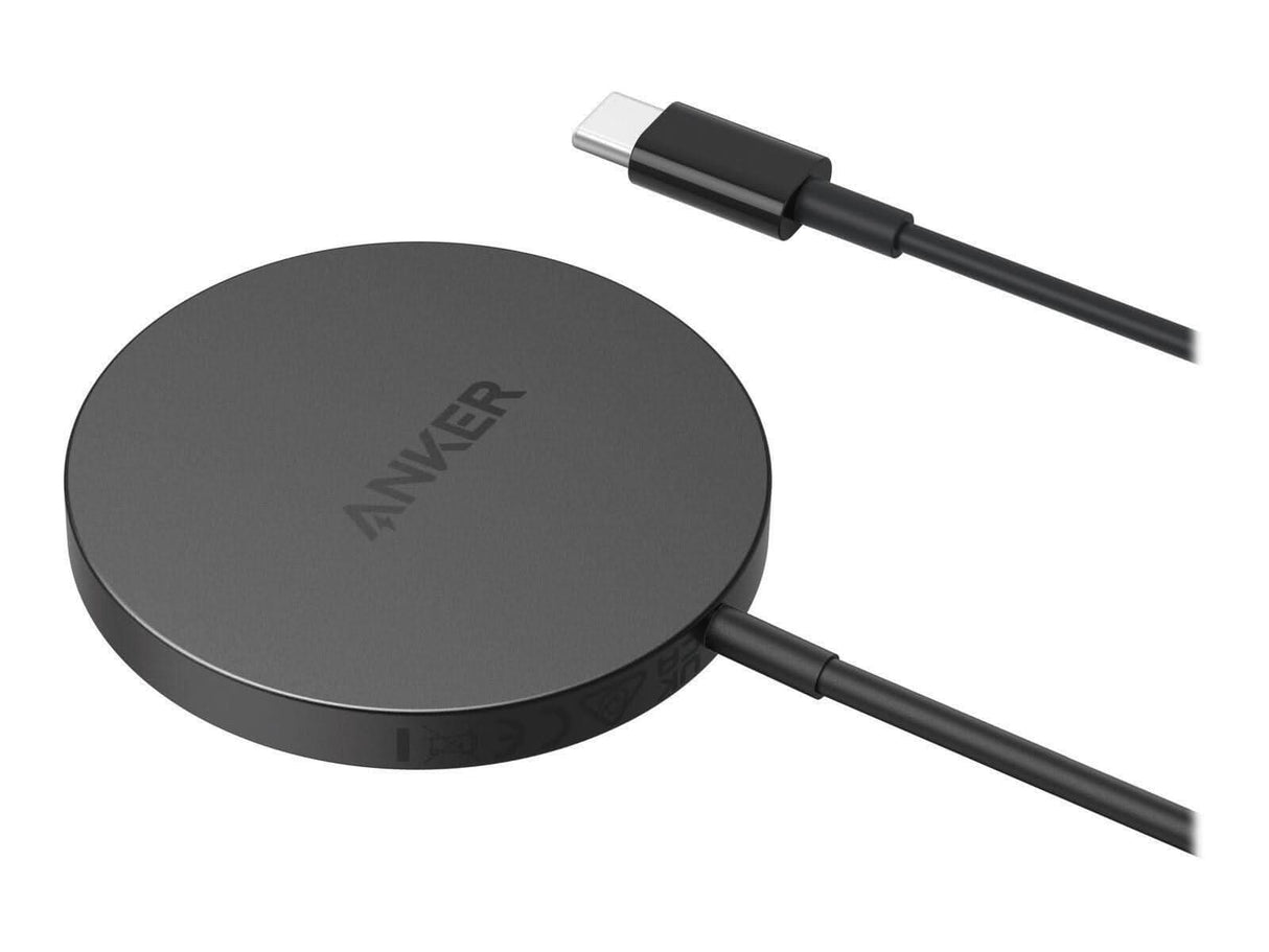 Anker magnetic wireless charger round black charging pad with USB-C cable for fast wireless charging