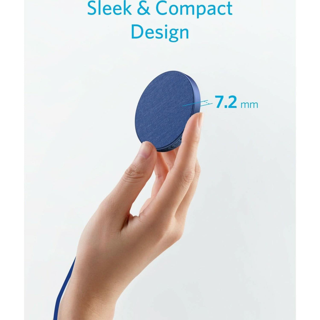 Hand holding sleek and compact Anker magnetic wireless charger showing 7.2 mm thickness
