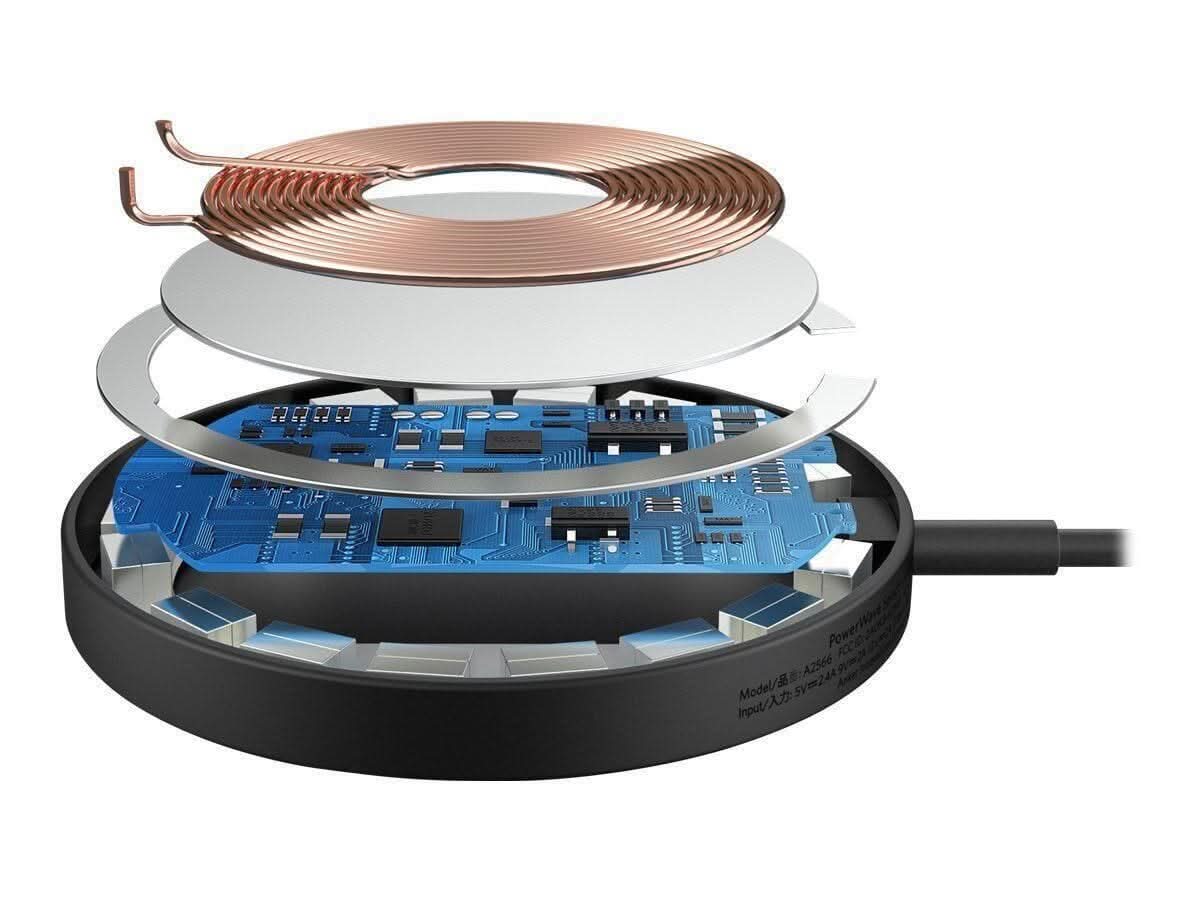 Anker magnetic wireless charger exploded view showing internal coil and circuit board components