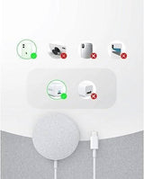 Anker magnetic wireless charger with USB-C cable and compatibility guide showing supported devices and adapters