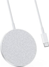 Anker magnetic wireless charger in white fabric texture with attached USB-C cable for fast charging