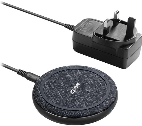 Anker wireless charging pad with fabric surface and UK plug charger for fast wireless charging